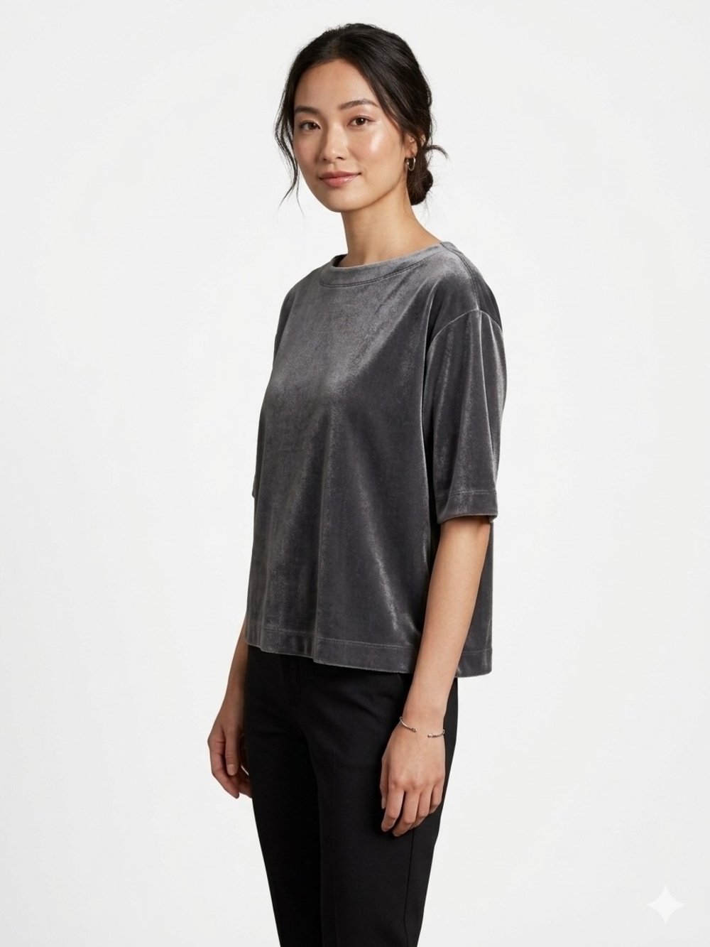 UNIQLO Velour Boat Neck Relaxed Boxy Fit Top w/ Side Slits Silver Gray LIKE NEW